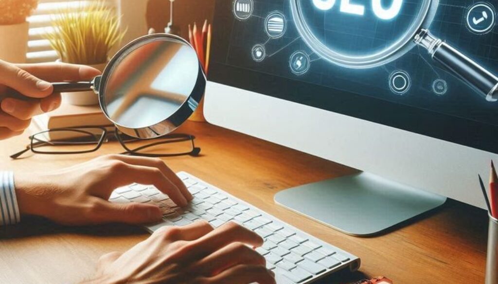 How does SEO work concept showing a computer screen with SEO analysis, magnifying glass, keyword research, and search engine optimization strategy.