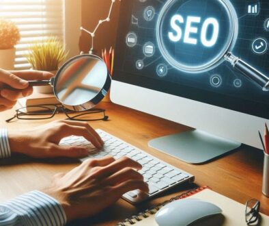 How does SEO work concept showing a computer screen with SEO analysis, magnifying glass, keyword research, and search engine optimization strategy.