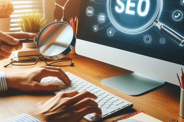 How does SEO work concept showing a computer screen with SEO analysis, magnifying glass, keyword research, and search engine optimization strategy.