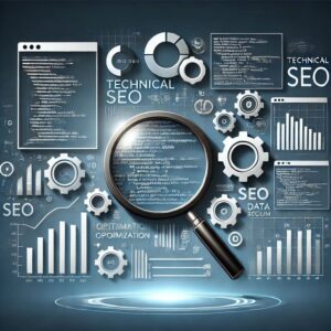 What is Technical SEO concept illustration with magnifying glass, gears, charts, and website optimization elements