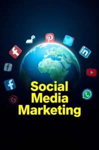 Social media marketing tips illustration with global social media icons including Facebook, LinkedIn, YouTube, Pinterest, and WhatsApp around the Earth.
